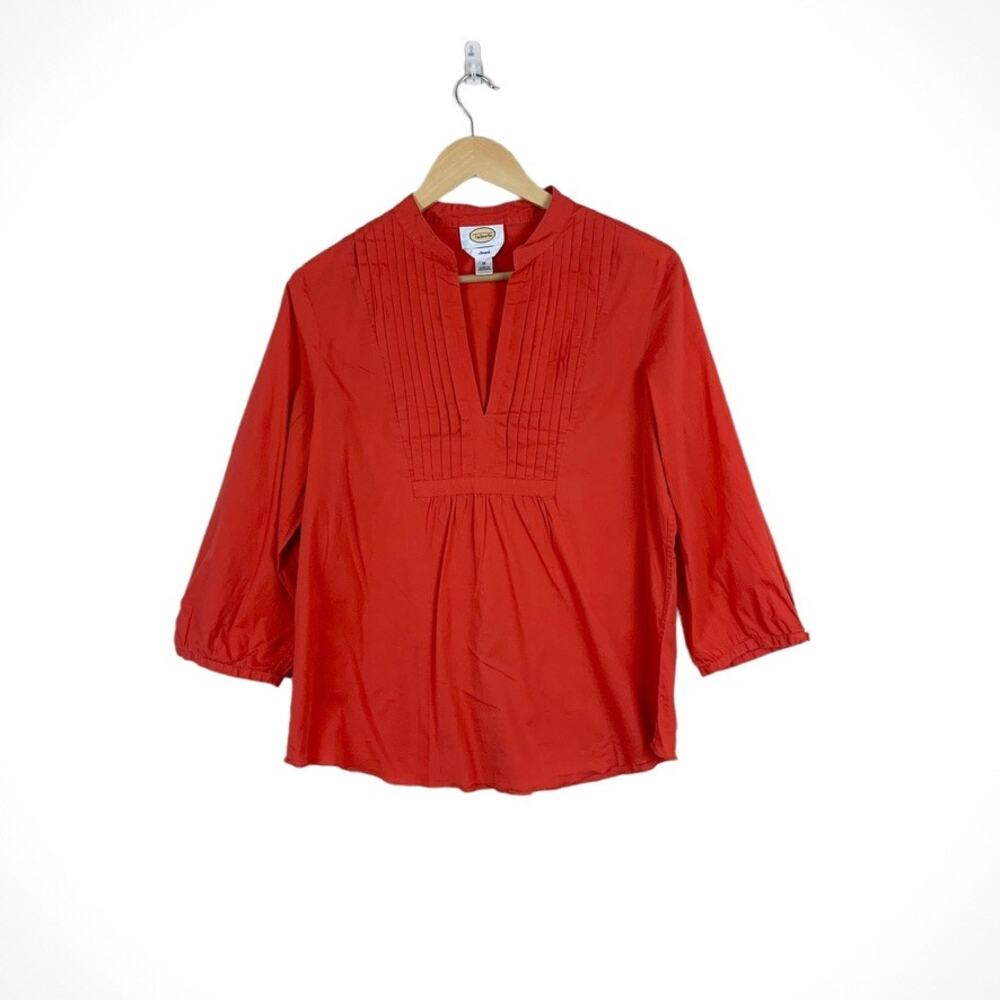 Talbots Womens Orange Pleated Blouse Size Medium V-neck 3/4 Sleeves Lightweight